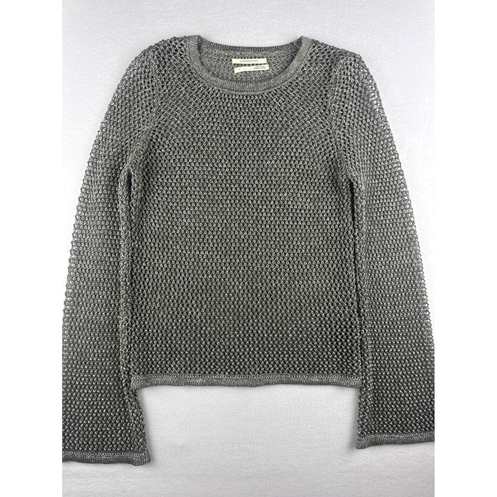 Anthropologie Silver Metallic Open Knit Mesh Bell Sleeve Sweater Small